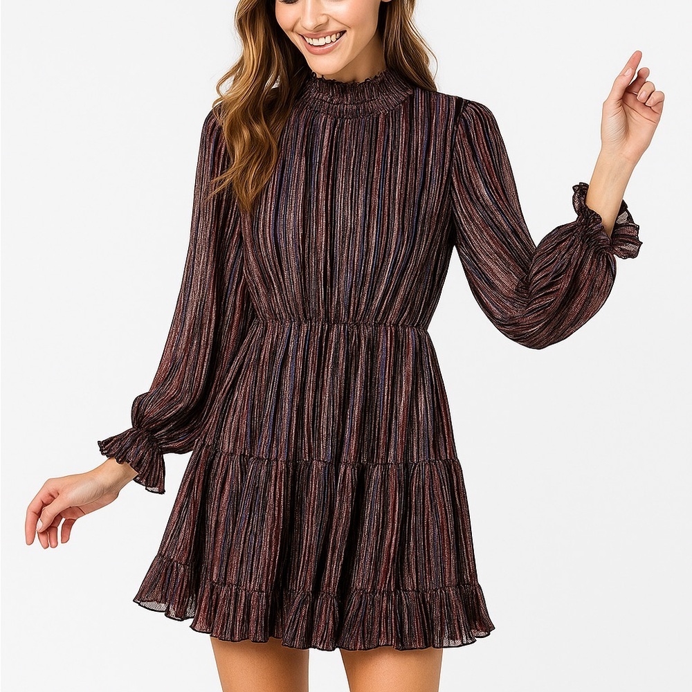 NWT O.P.T Women’s Metallic Striped Ruffle Long Sleeve Smock Neck Party Dress, XL
